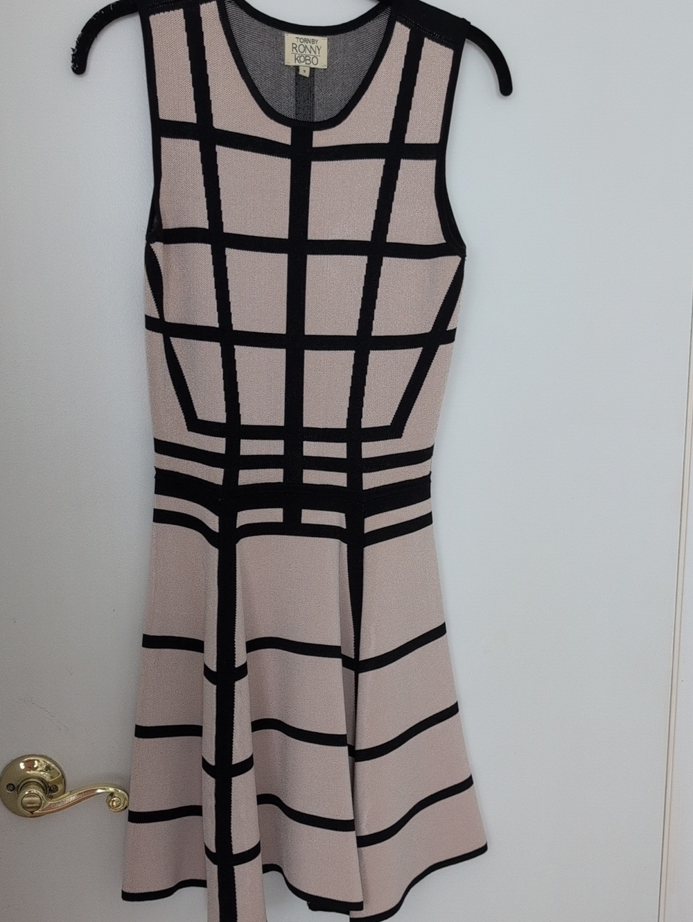 Torn by Ronny Kobo Beige & Black Grid Fit-and-Flare Dress